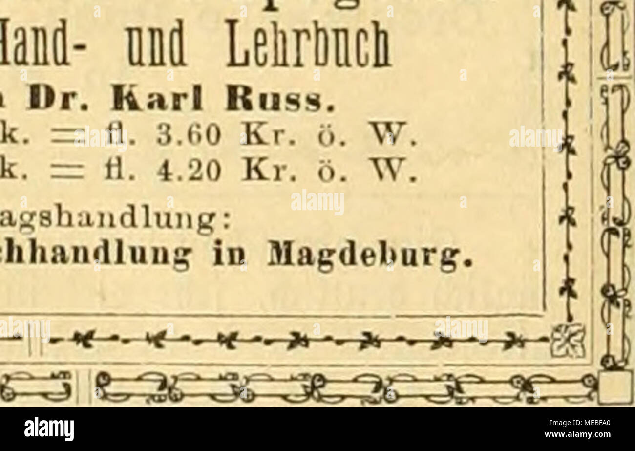 . Die Gefiederte Welt . i^—-.Big/S»—,w«iS)fe^5)(5ta-^v--.c^^ Zu beziehen durcb alle Buchhandlungen wie auch unmittelbar von der Verlagshandlung gegen Einsendung des Betrags: DIE HUNDEZUCHT im Lichte der Darwin'schen Theorie von Oust. ILtUHKe Preis: Mark 4,.50 =t: 2 fl. 70 Kr. b. W. Die Verlagsliandlnng: Creutz'sche Buch- u. Musikalienhandlung, Magdeburg. -•^VVj^jVi^iFS,, •,£y°=^ ^^i?t3(5=^':£'*^'^äSXJ?^^ &quot; '^''^HS^^^'i' EMIL CLAUS, ^pejtaf - ^apagawtt - «Äatibfung, -0 Stock Photo