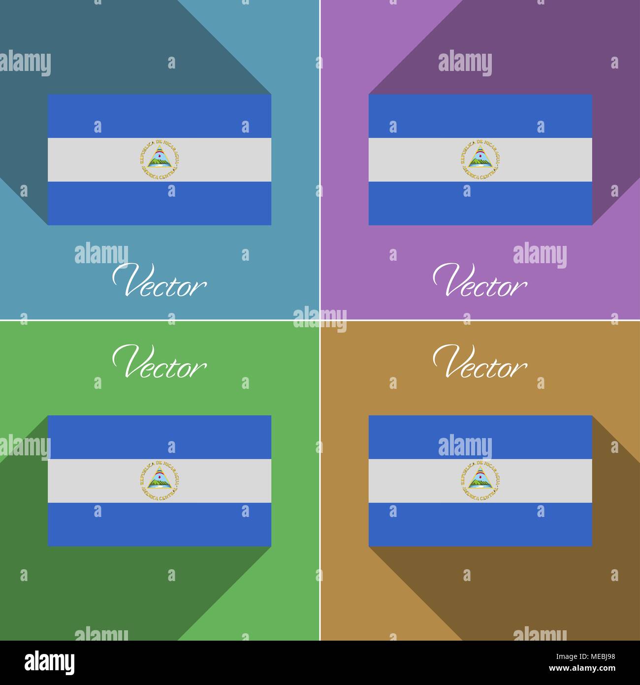 Flags of Nicaragua. Set of colors flat design and long shadows. Vector