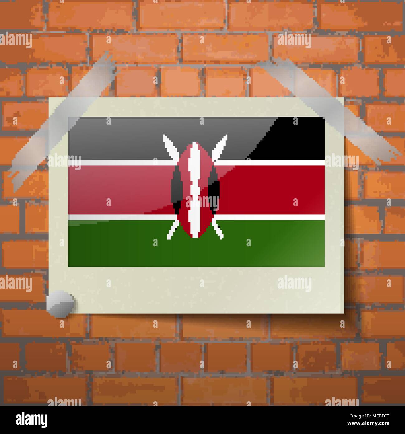 Flags of Kenya scotch taped to a red brick wall. Vector Stock Vector