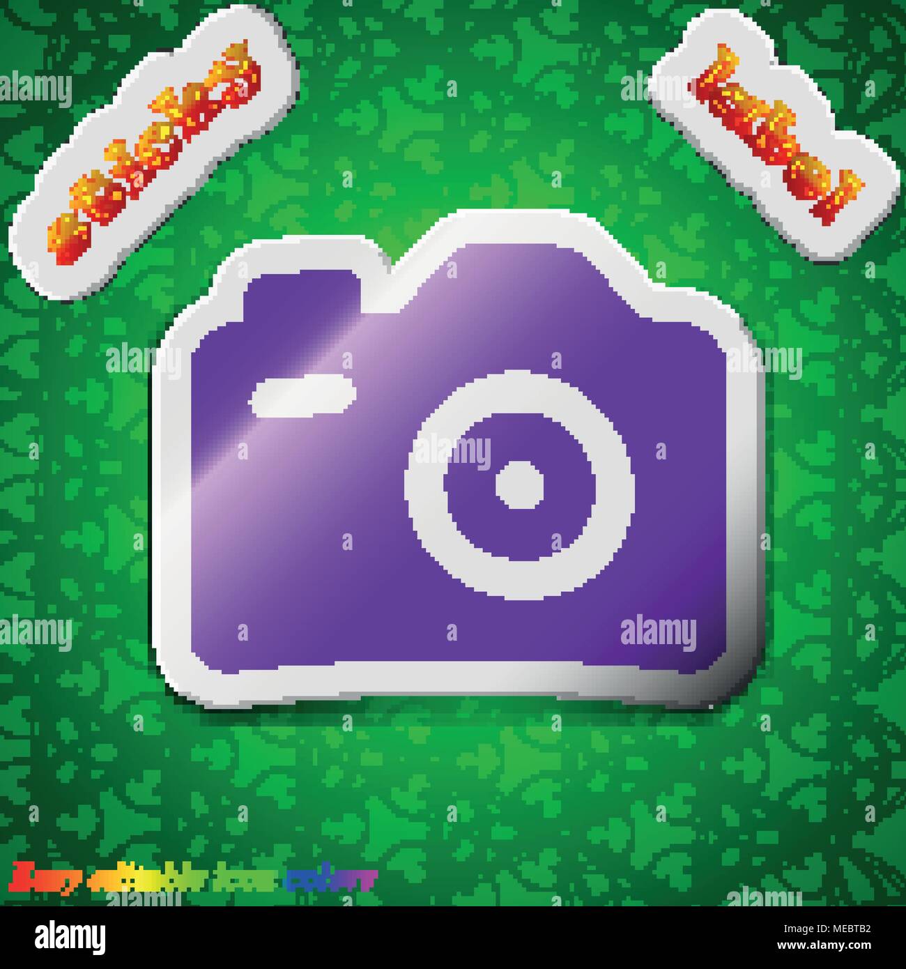 Photo Camera icon sign. Symbol chic colored sticky label on green ...