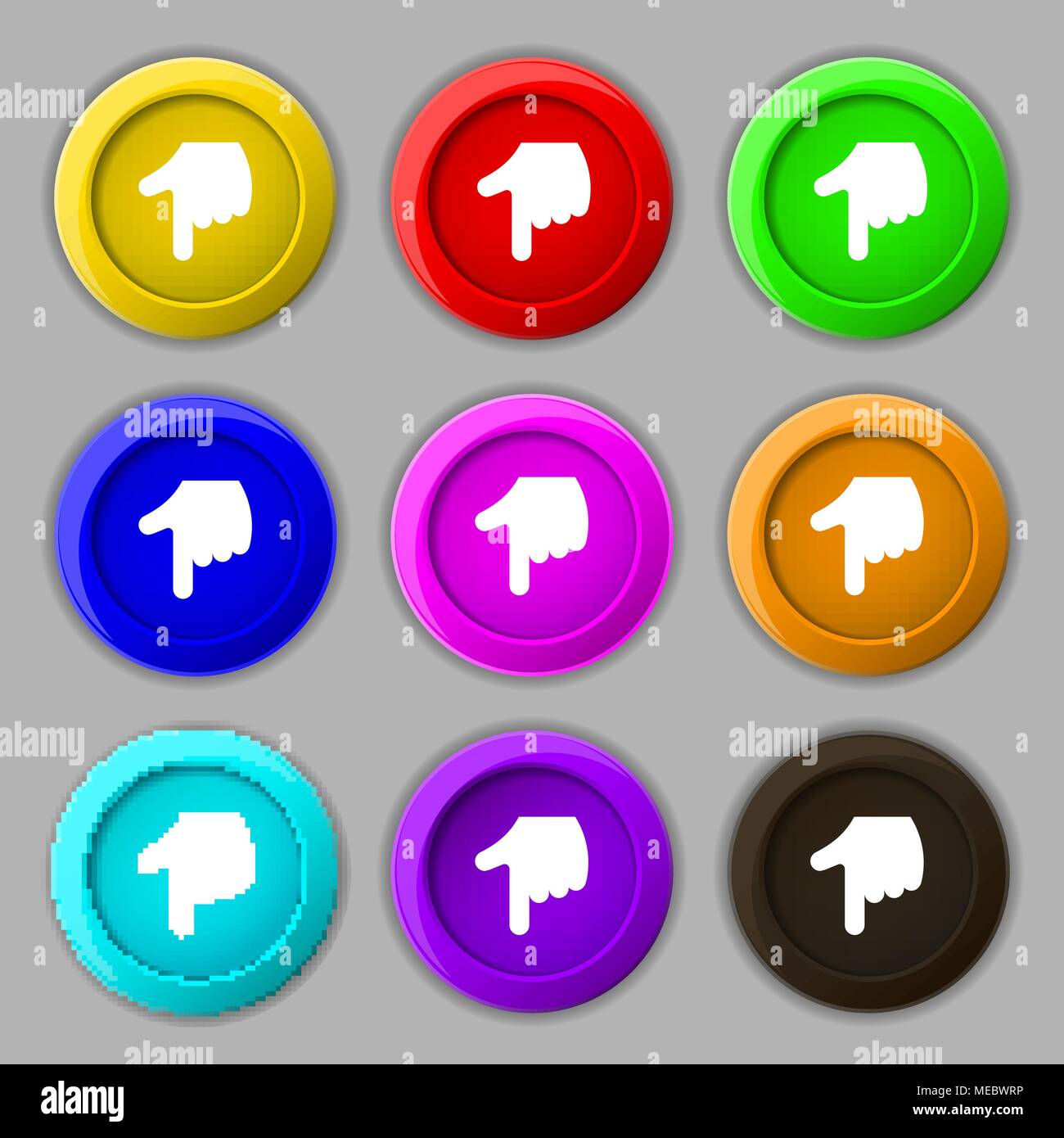 pointing hand icon sign. symbol on nine round colourful buttons. Vector ...