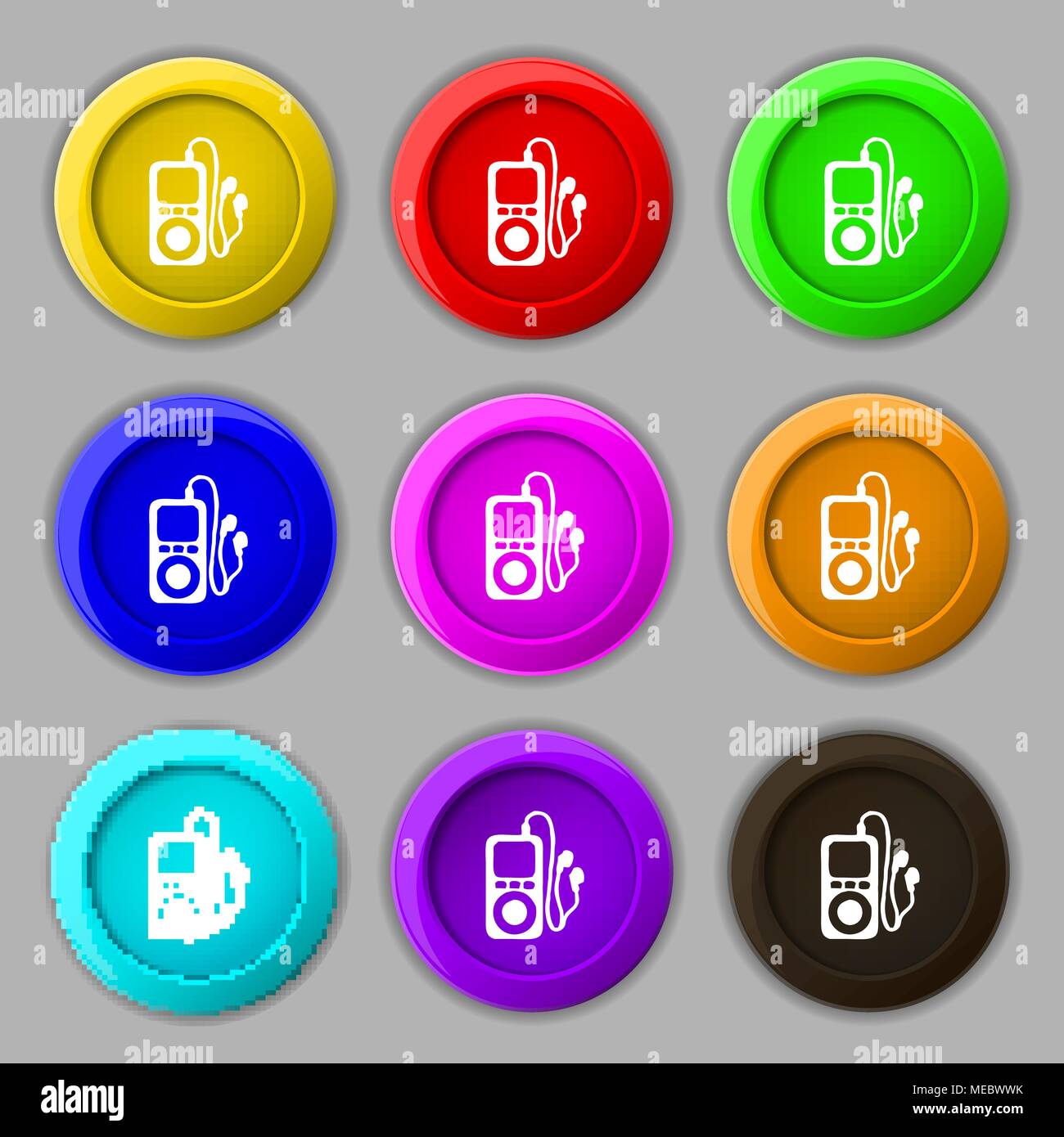 MP3 player, headphones, music icon sign. symbol on nine round colourful buttons. Vector illustration Stock Vector