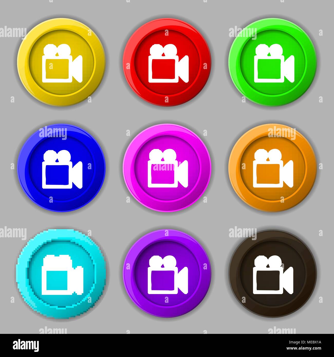 camcorder icon sign. symbol on nine round colourful buttons. Vector illustration Stock Vector