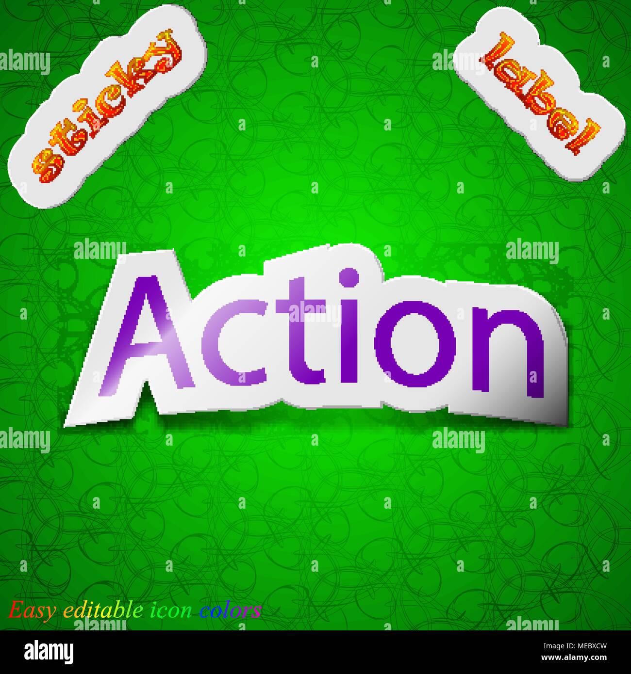 Action icon sign. Symbol chic colored sticky label on green background ...