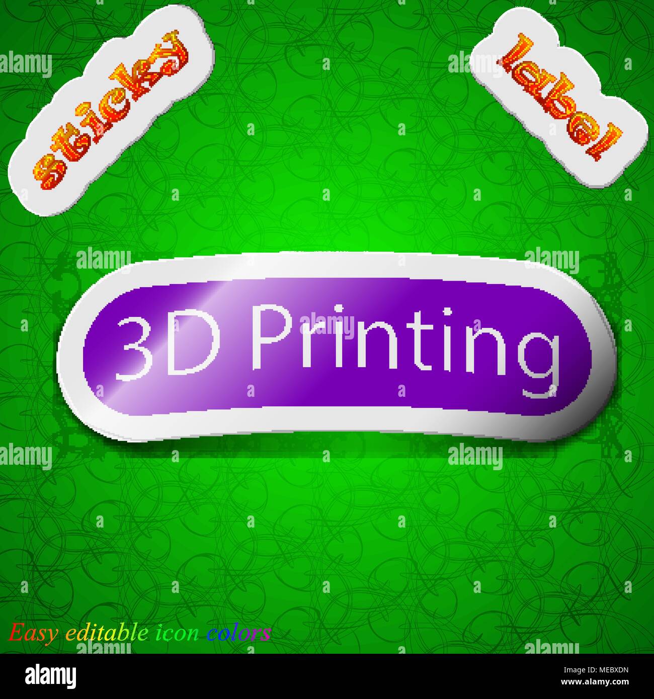 3d Printing icon sign. Symbol chic colored sticky label on green background. Vector illustration Stock Vector