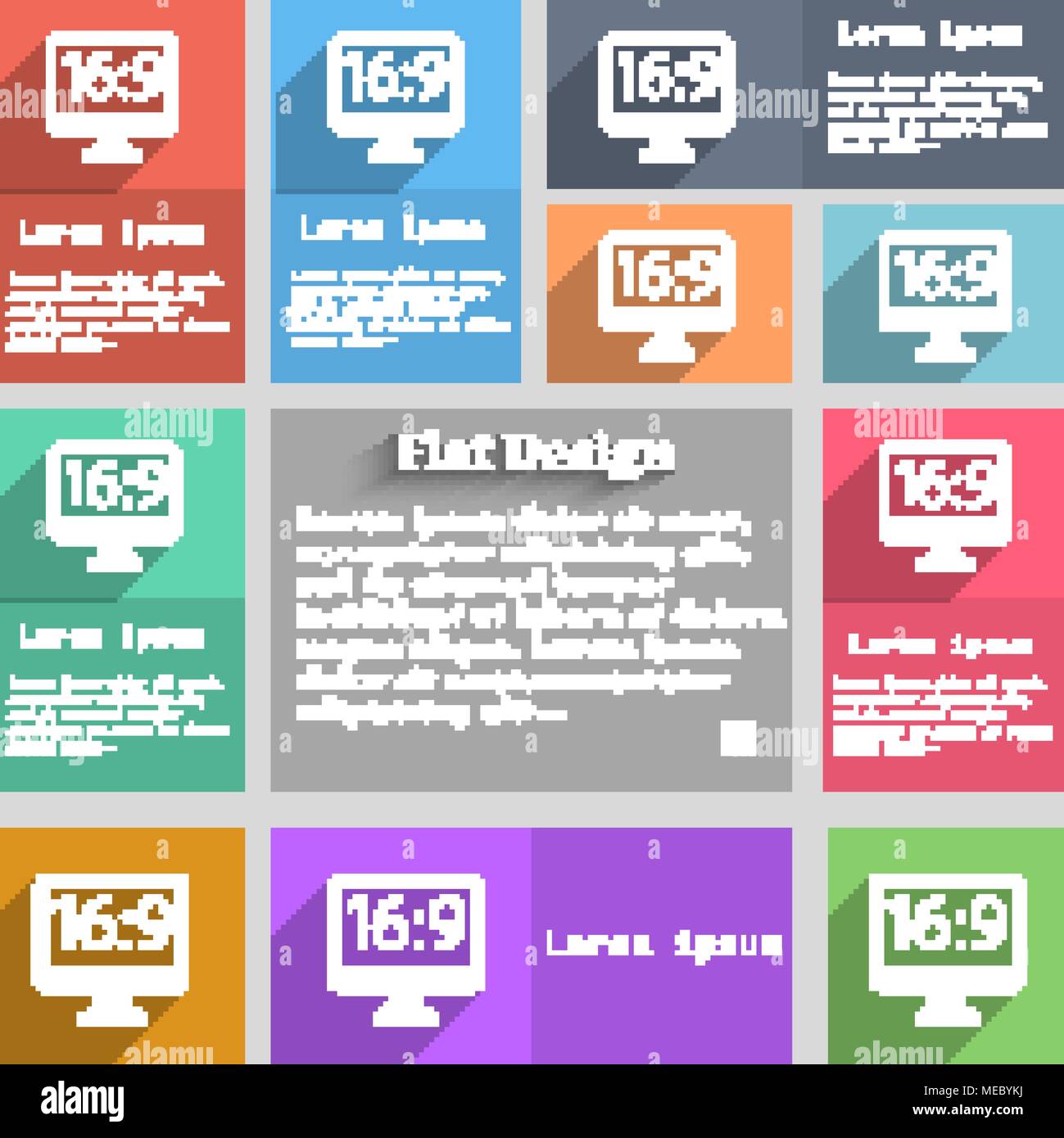 Aspect ratio 16:9 widescreen tv icon sign. Set of multicolored buttons ...