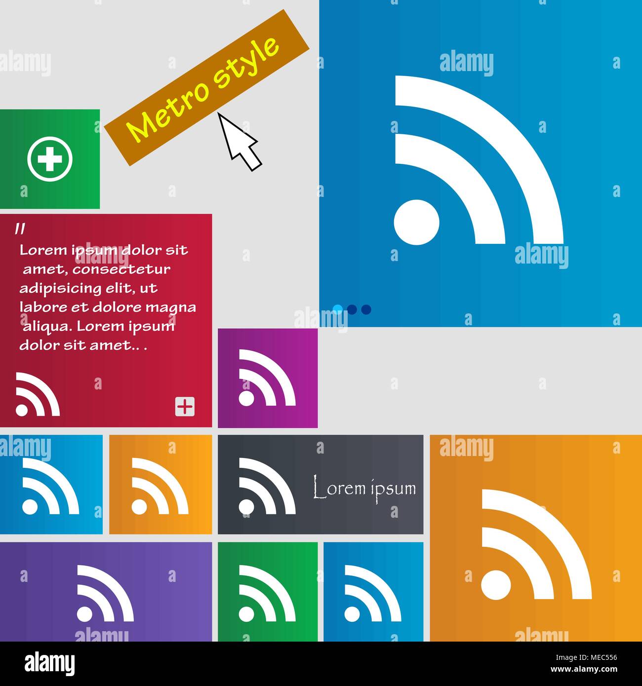 RSS feed icon sign. Metro style buttons. Modern interface website buttons with cursor pointer. Vector illustration Stock Vector