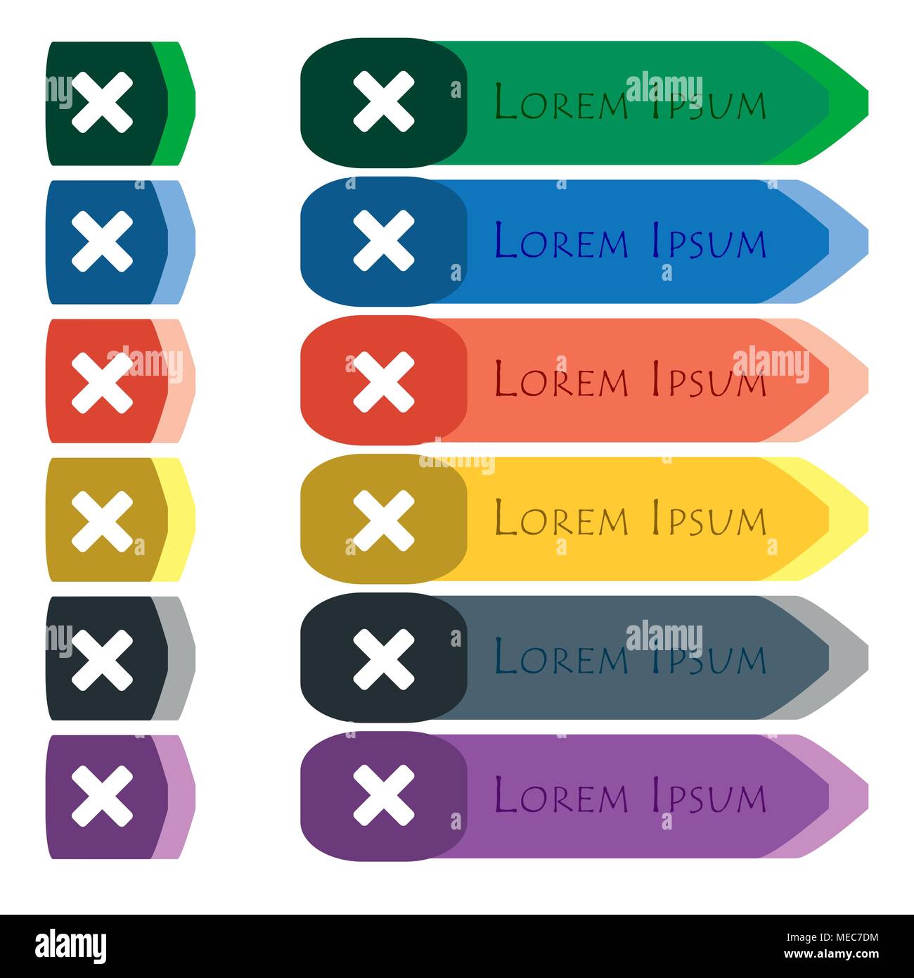 cancel, multiplication icon sign. Set of colorful, bright long buttons ...