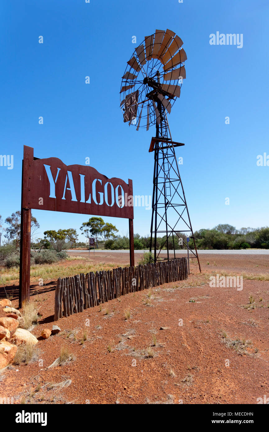 Yalgoo country town sign and windmill, Yalgoo, Western Australia Stock
