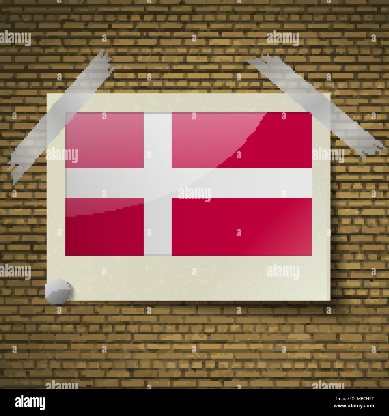 Flags of Denmark at frame on a brick background. Vector illustration Stock Vector