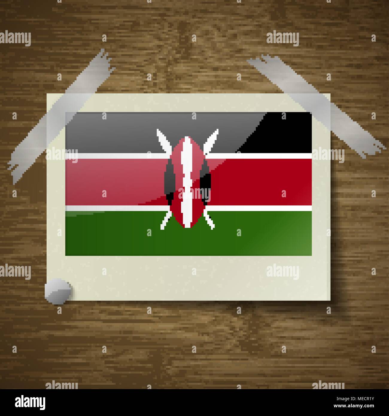 Flags of Kenya at frame on wooden texture. Vector illustration Stock Vector