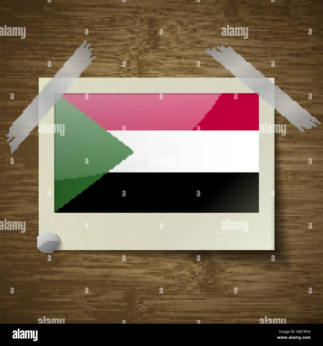 Flags of Sudan at frame on wooden texture. Vector illustration Stock Vector