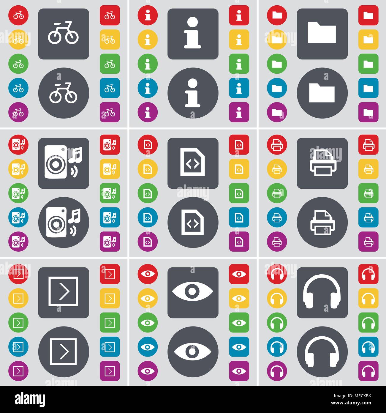Bicycle, Information, Folder, Speaker, File, Printer, Arrowr right, Vision, Headphones icon symbol. A large set of flat, colored buttons for your desi Stock Vector