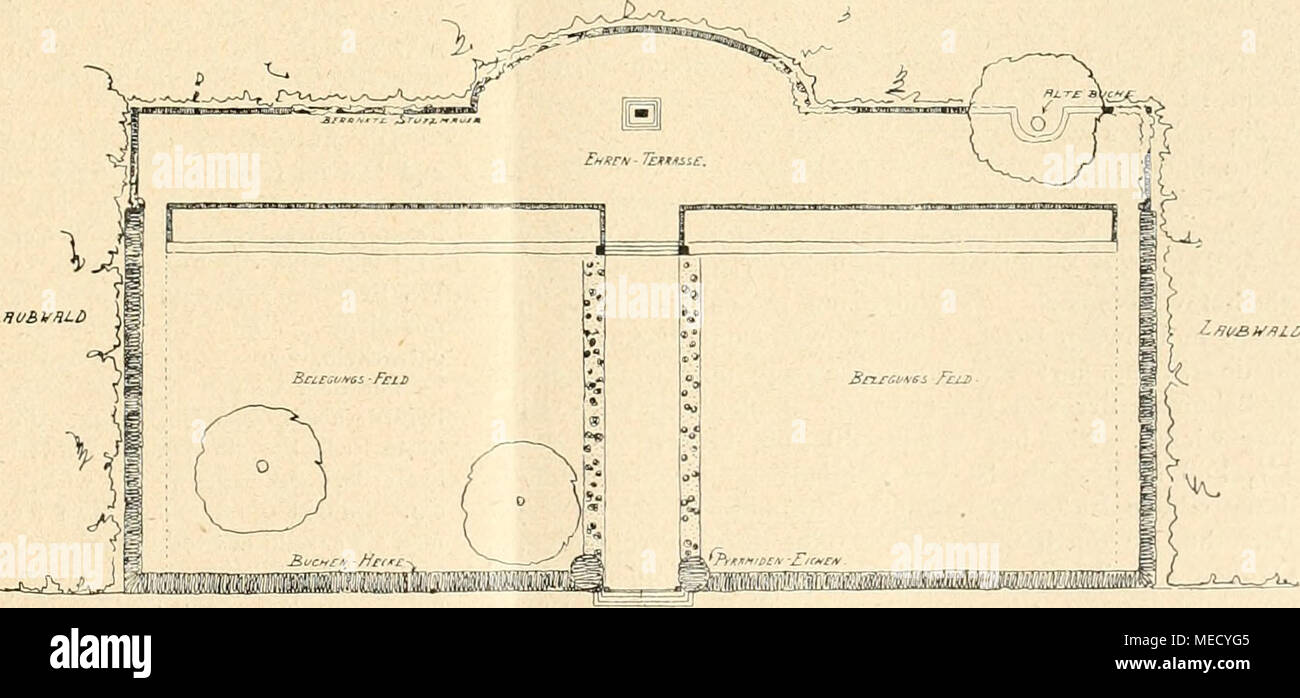 . Die Gartenwelt . Lii(/£yai-ß l^ußh'^ia Wizc ff/rfn Vii.c£y jv). Tasr Grundriß des Friedhofs „Deutsches Ehrental&quot; im Priesterwalde. Stock Photo