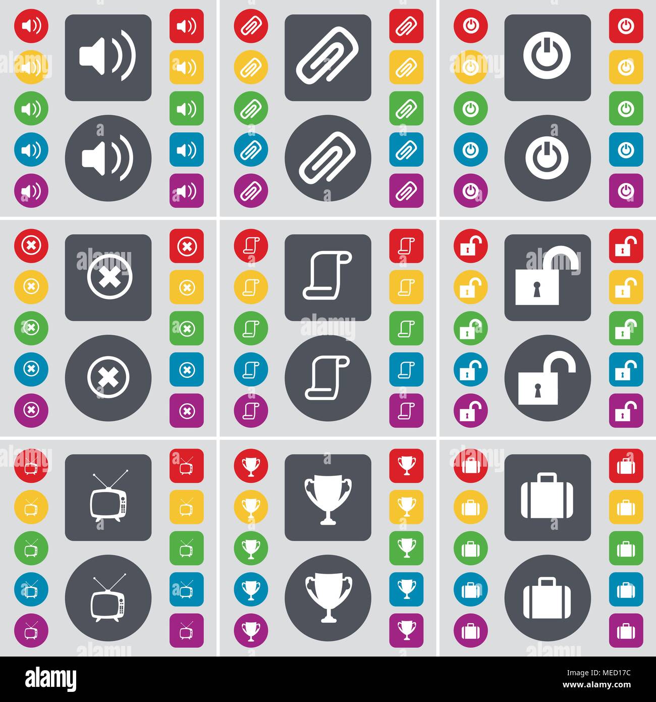 Sound, Clip, Power, Stop, Scroll, Lock, Retro TV, Cup, Suitcase icon symbol. A large set of flat, colored buttons for your design. Vector illustration Stock Vector