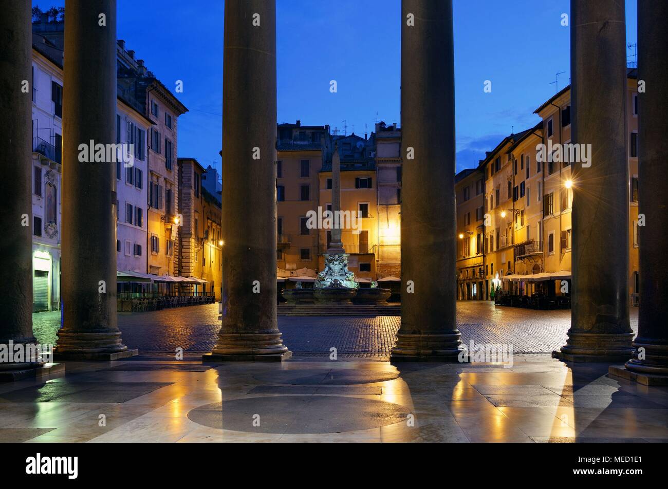 Street view from Pantheon at night. It is one of the best-preserved Ancient Roman buildings in Rome, Italy. Stock Photo