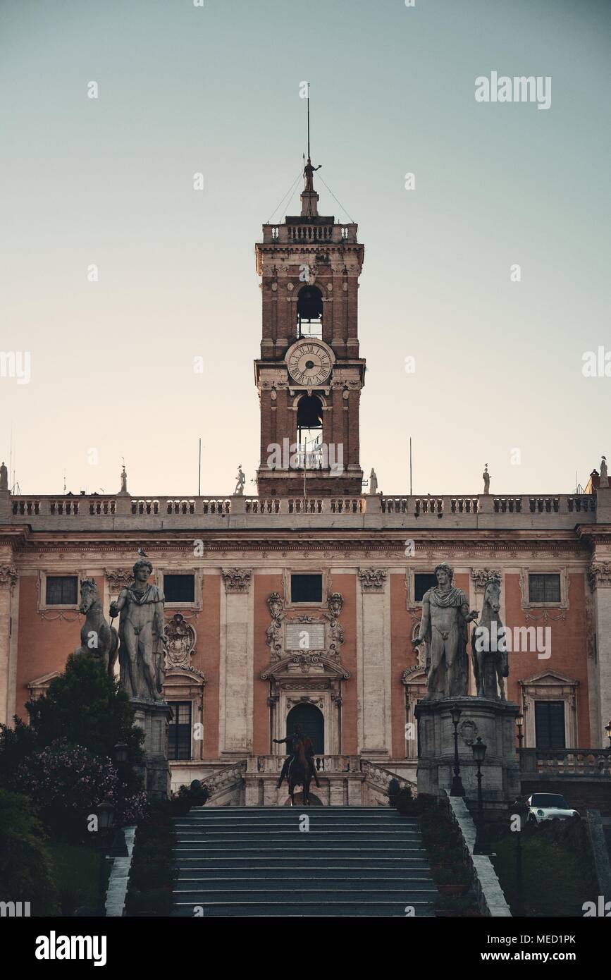 Piazza del Campidoglio with statue and bell tower in Rome, Italy Stock ...