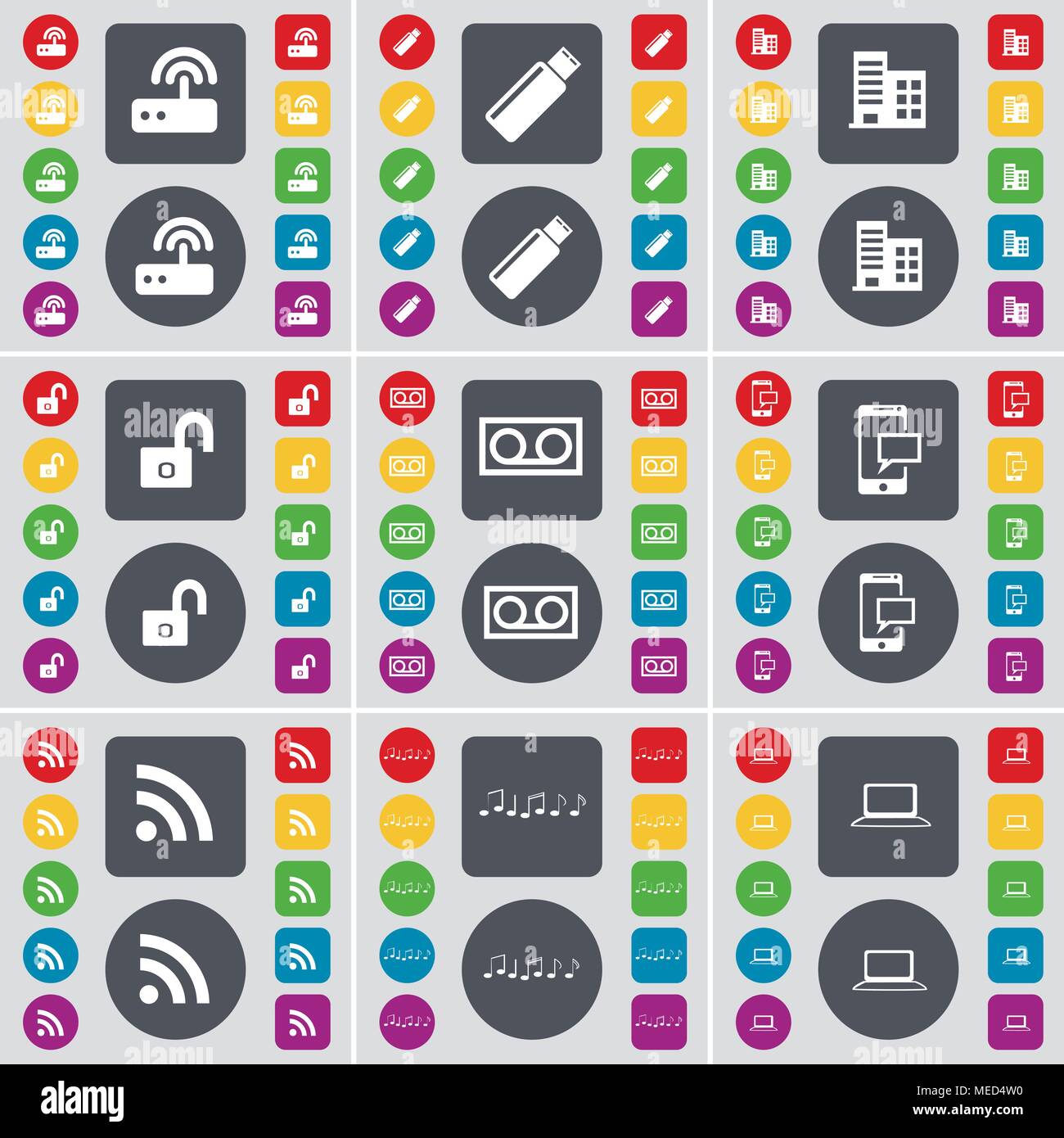 Router, USB, Building, Lock, Cassette, SMS, RSS, Note, Laptop icon ...