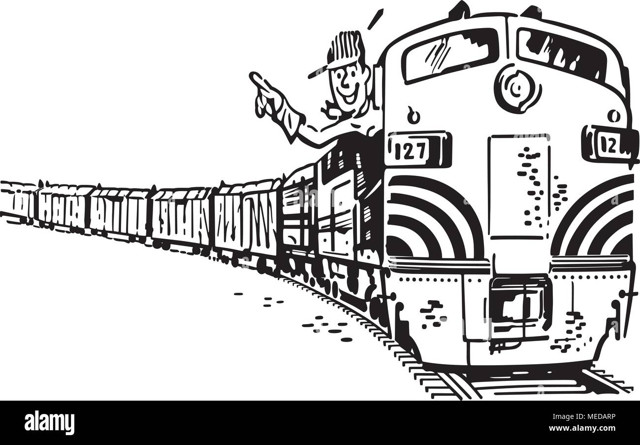 Engineer In Locomotive - Retro Clipart Illustration Stock Vector