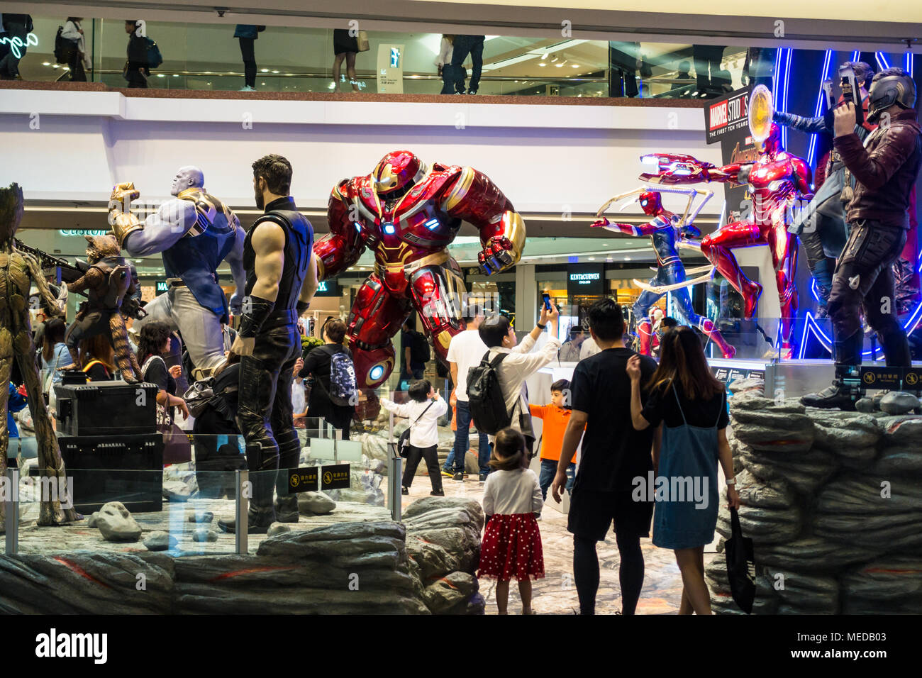 Marvel superheroes marketing ad campaign of blockbuster movie at shopping mall (centre),  promotion of movie characters Stock Photo
