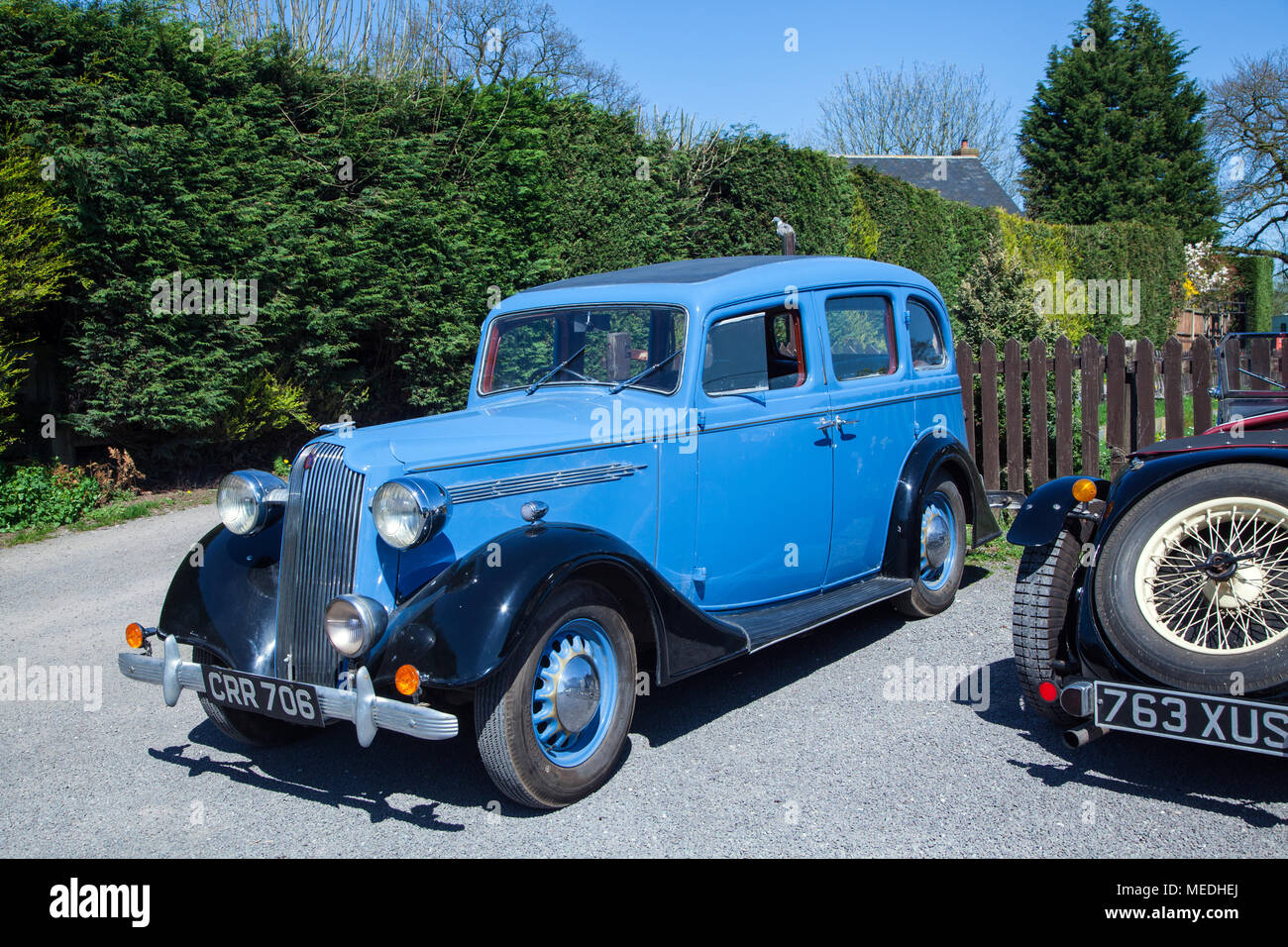 Blue Vintage Vauxhall motor  car in a pub car park in Wrenbury south Cheshire UK England Stock Photo