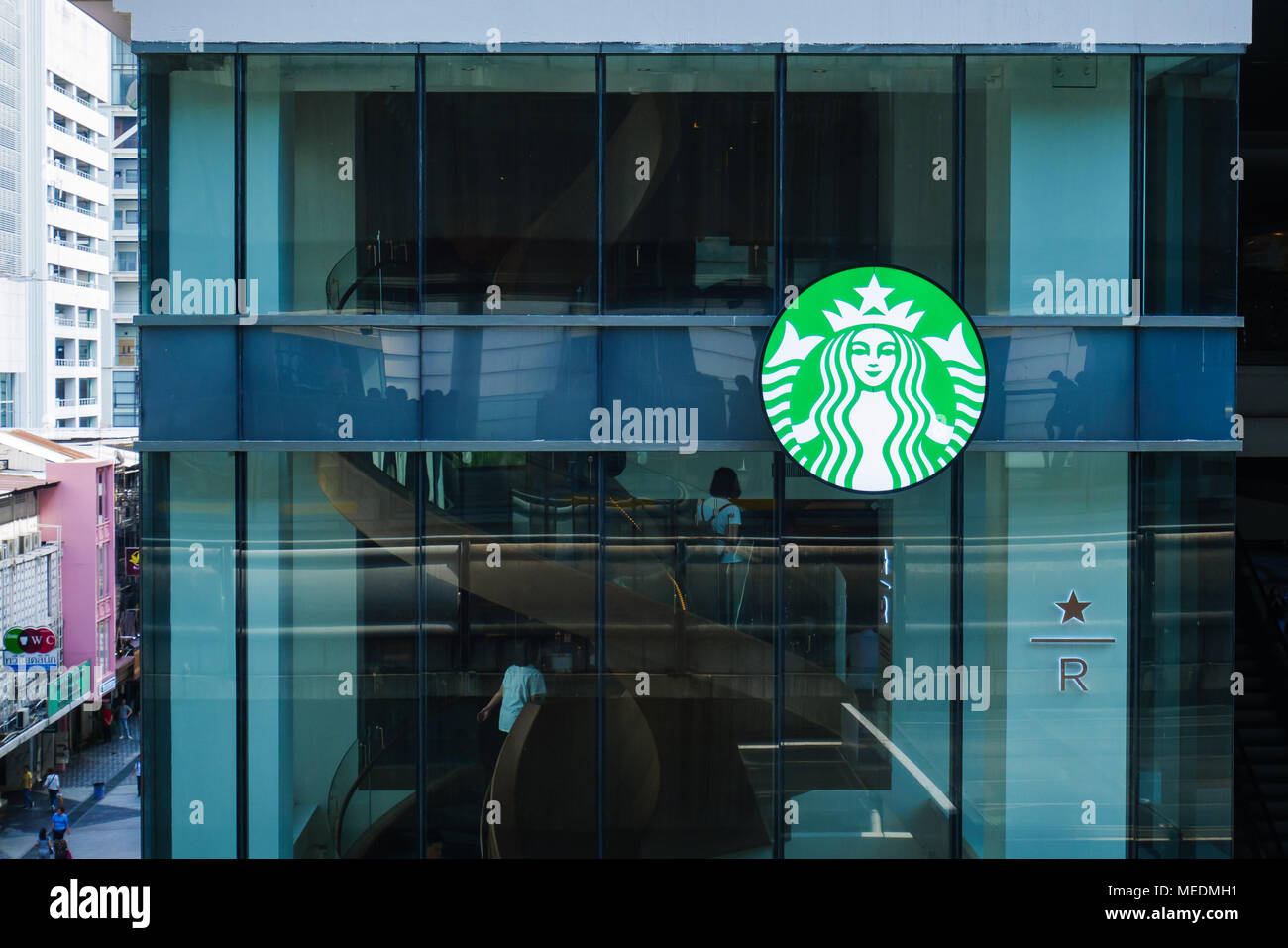 Bangkok, Thailand - April 20, 2018 : Starbucks coffee logo in front of the shop. Stock Photo