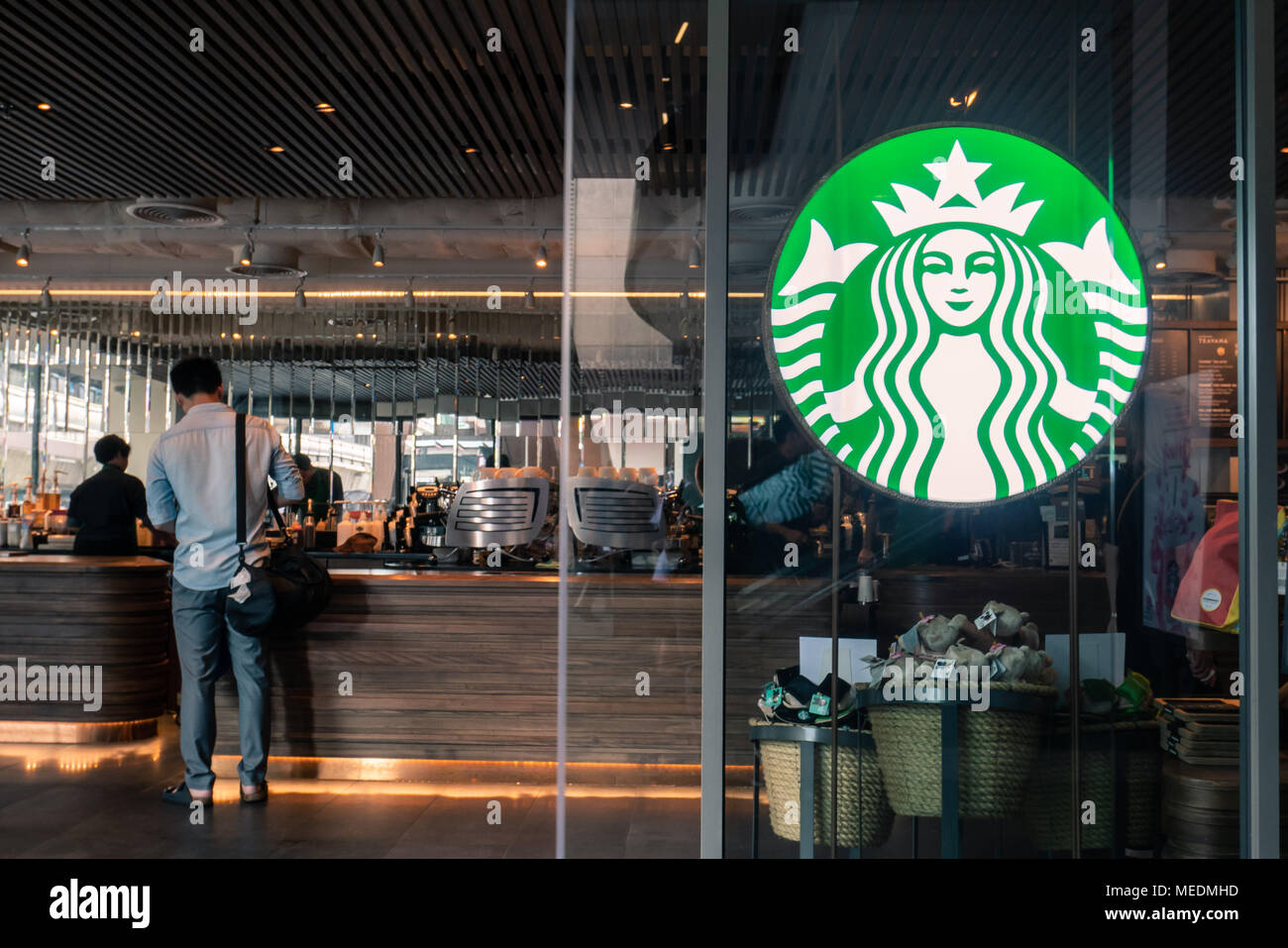 Bangkok, Thailand - April 20, 2018 : Starbucks coffee logo in front of the shop. Stock Photo