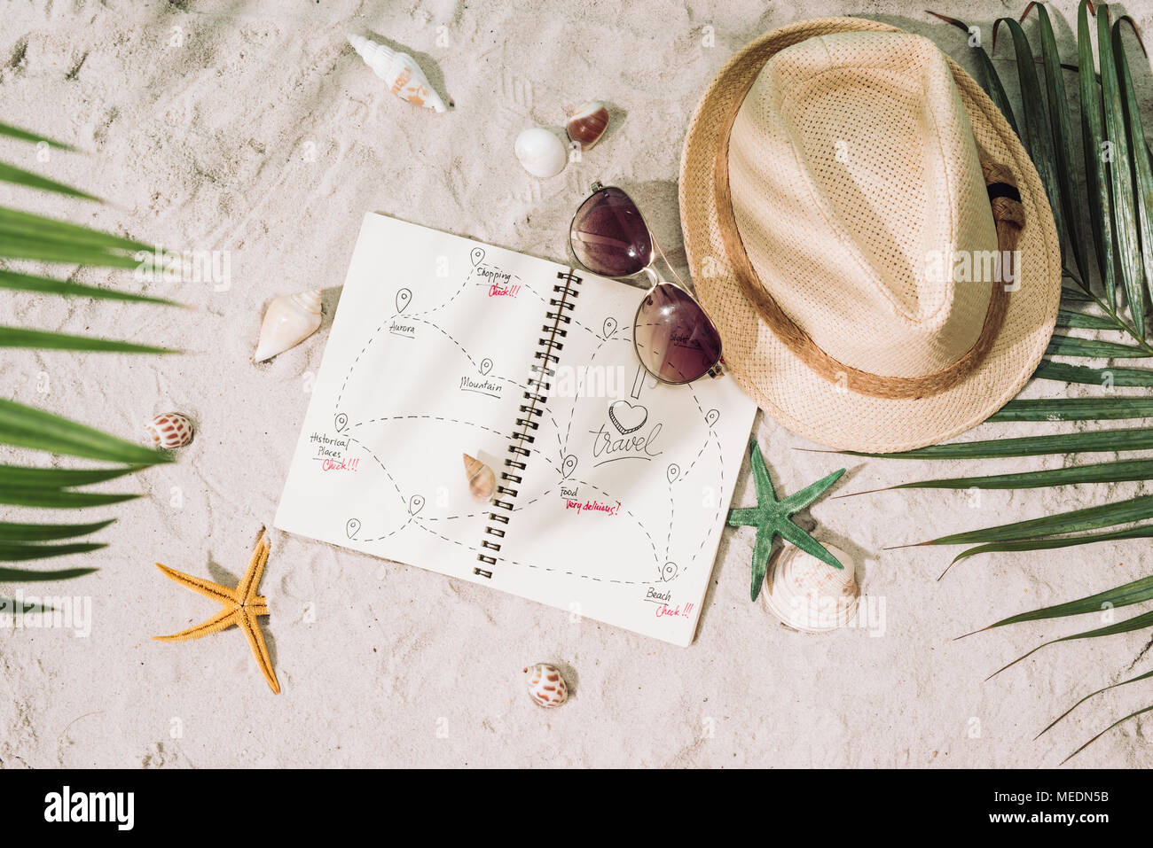 Book with straw hat and seashells at the beach Stock Photo - Alamy