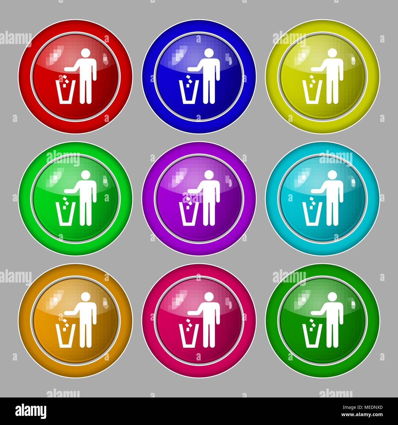 throw away the trash icon sign. symbol on nine round colourful buttons