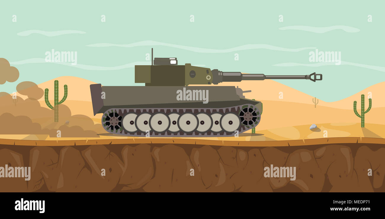german tiger main battle tank on the desert with haze smoke on the road world war 2 vector graphic illustration Stock Photo