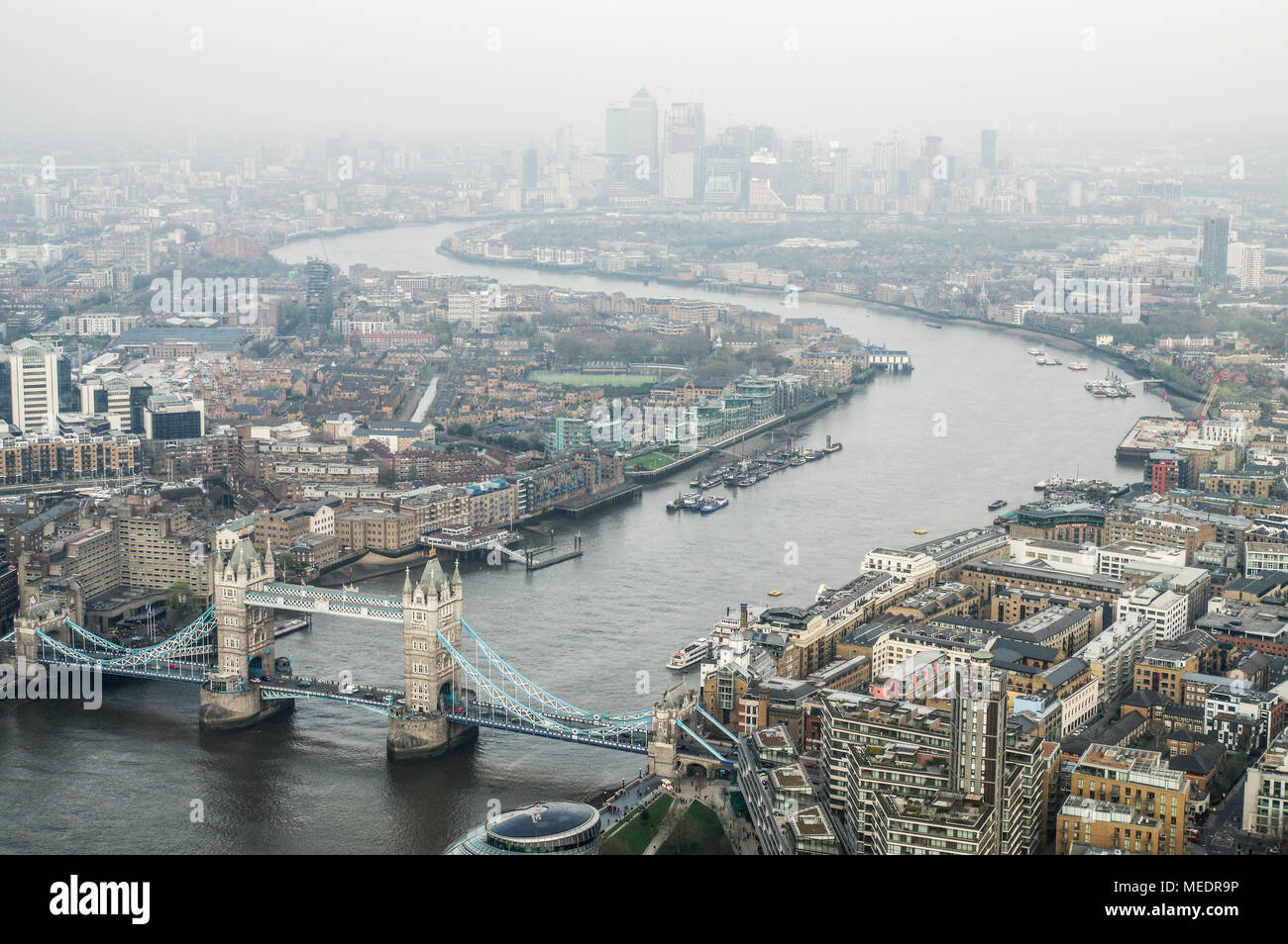 View of misty London - Tower Bridge and River Thames - from The Shard Stock Photo