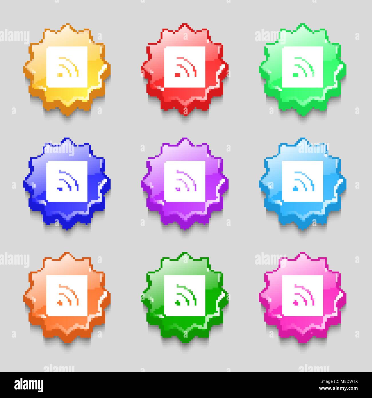 RSS feed icon sign. symbol on nine wavy colourful buttons. Vector ...
