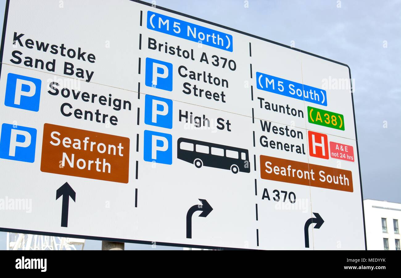 Weston Super Mare road sign showing directions to various places Stock