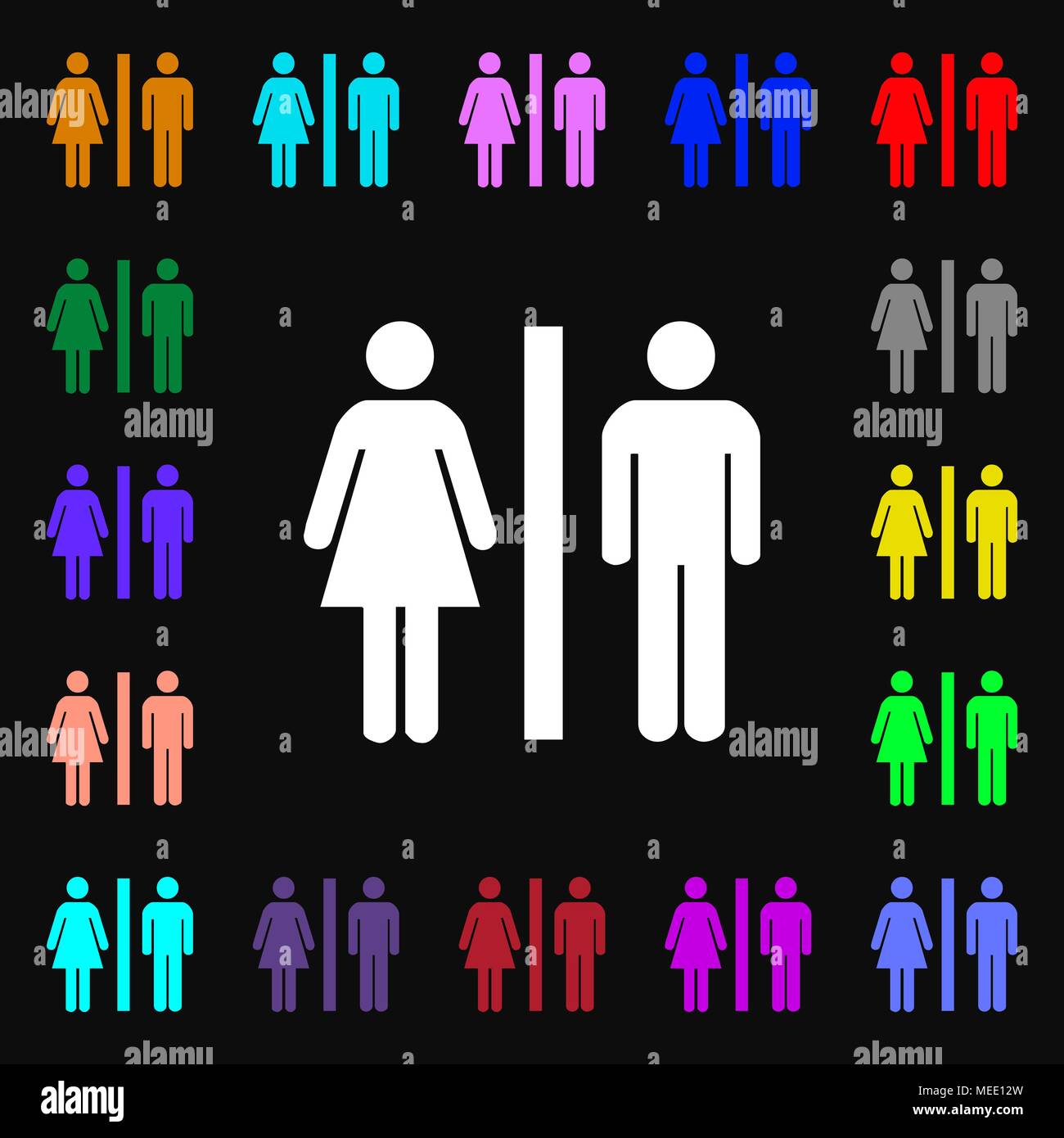 silhouette of a man and a woman icon sign. Lots of colorful symbols for ...