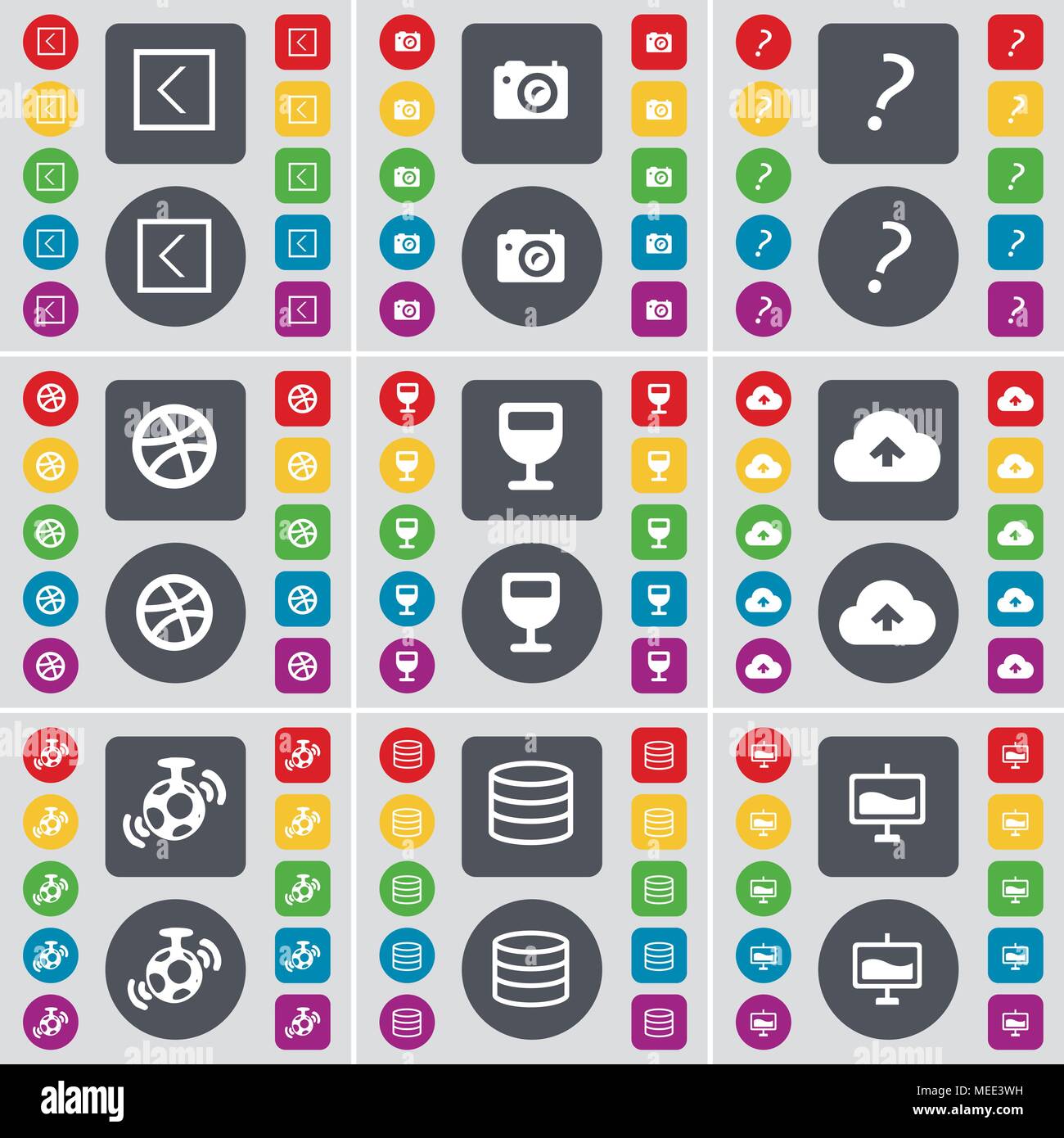 Arrow left, Camera, Question mark, Ball, Wineglass, Cloud, Speaker, Database, Graph icon symbol. A large set of flat, colored buttons for your design. Stock Vector
