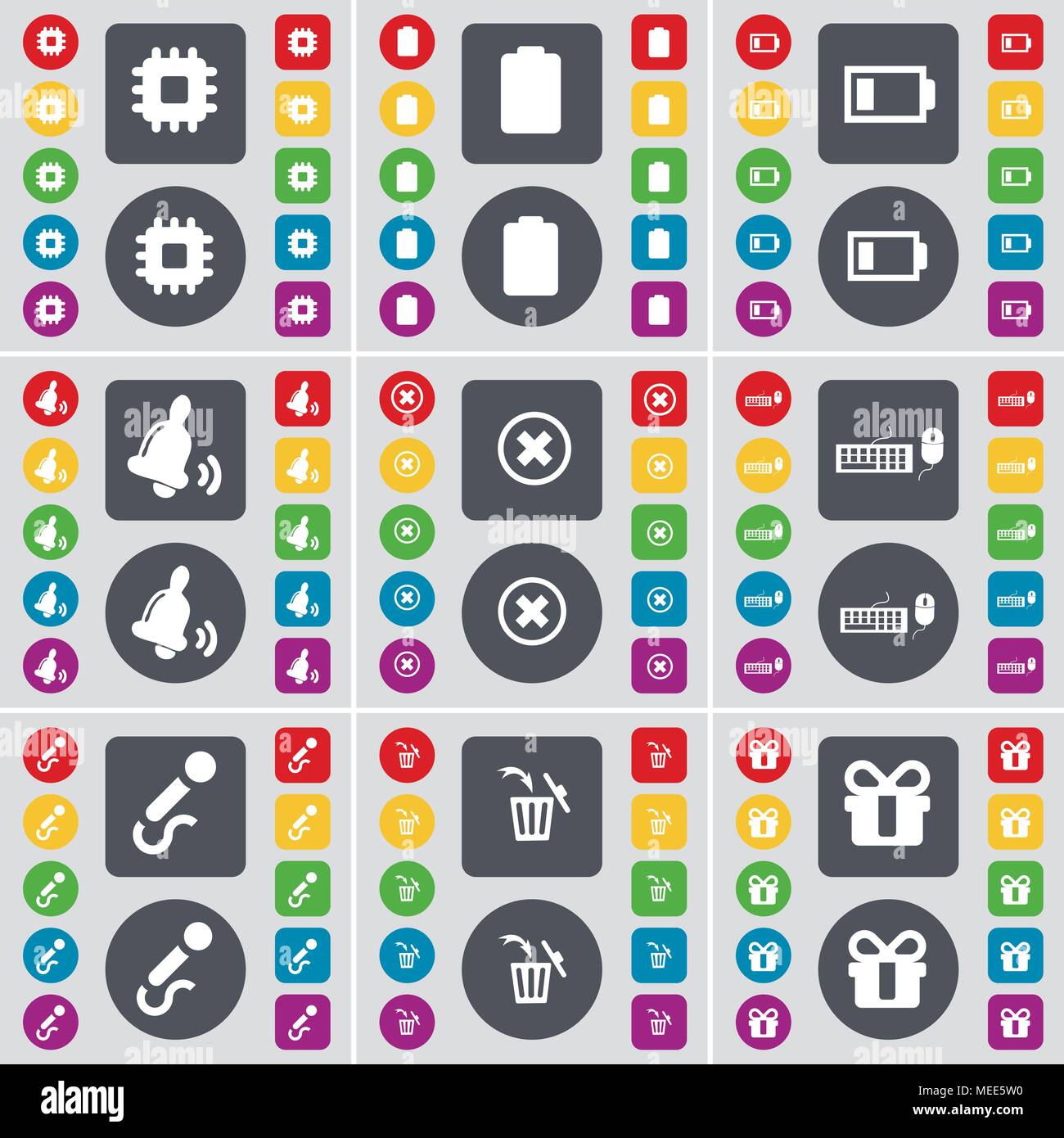 Processor, Battery, Bell, Stop, Keyboard, Microphone, Trash can, Gift icon symbol. A large set of flat, colored buttons for your design. Vector illust Stock Vector