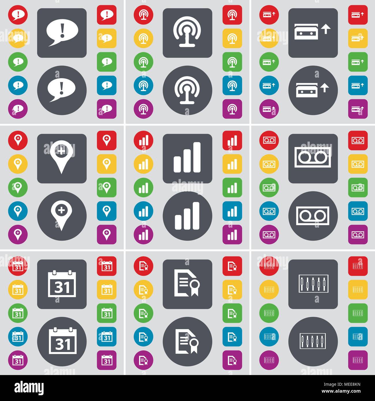 Chat bubble, Wi-Fi, Cassette, Checkpoint, Diagram, Calendar, Text file, Equalizer icon symbol. A large set of flat, colored buttons for your design. V Stock Vector