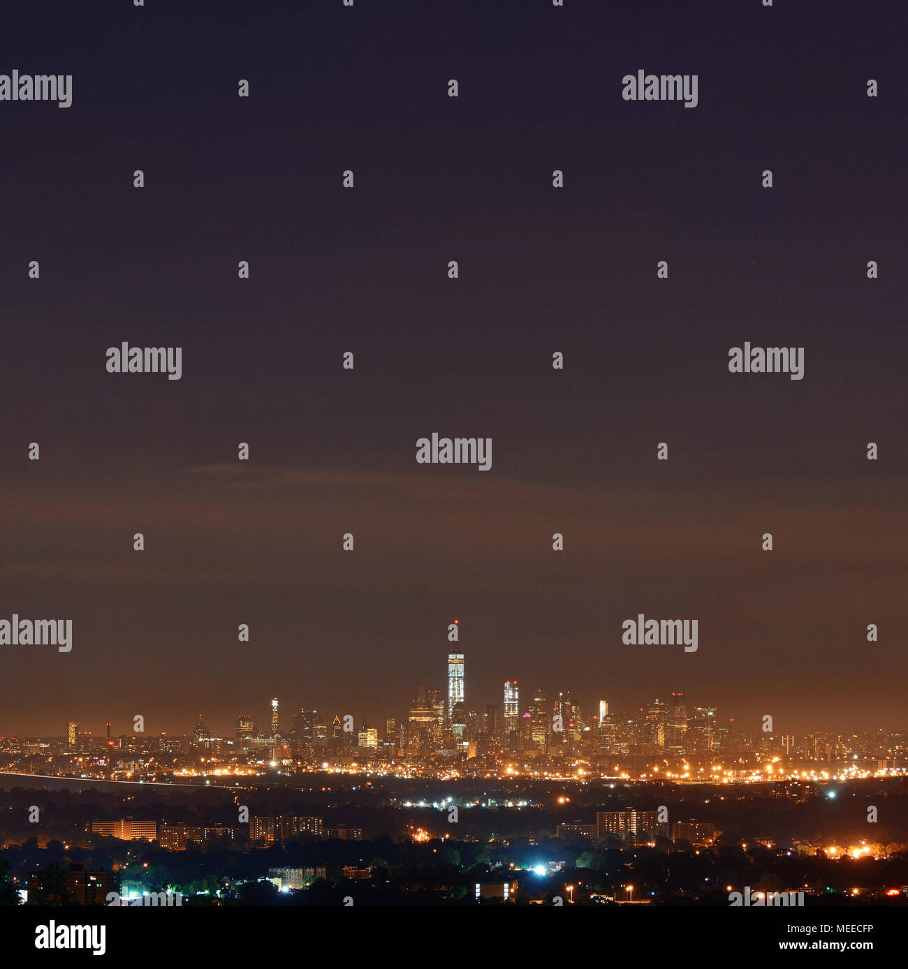 New York City skyline at night with downtown urban skyscrapers Stock ...
