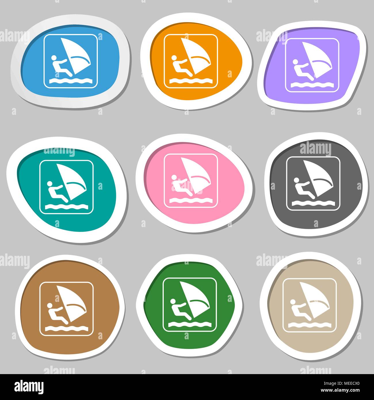Windsurfing symbols. Multicolored paper stickers. Vector illustration Stock Vector