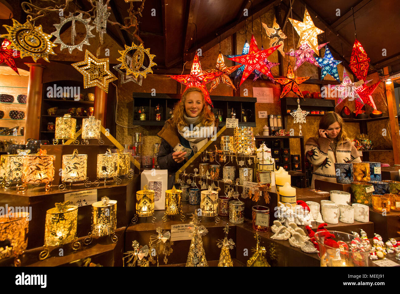 Traditional Christmas lights on sale at the traditional Christmas market in Bonn, North-Rhine Westphalia, Germany Stock Photo