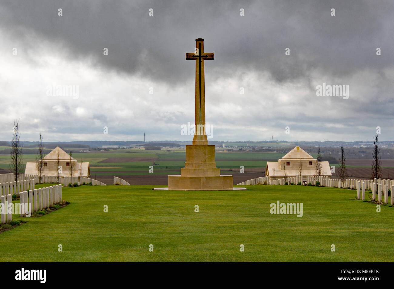 Villers Bretonneux (France) memorial AIF looking over the surrounding countryside with morning mist. Stock Photo