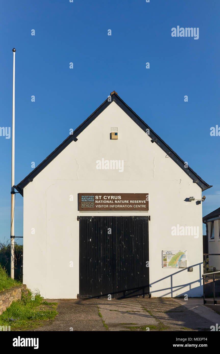 The Visitors Information Centre, which used to be a Lifeboat Station, stands closed at the St Cyrus National Nature Reserve in the late Evening light. Stock Photo