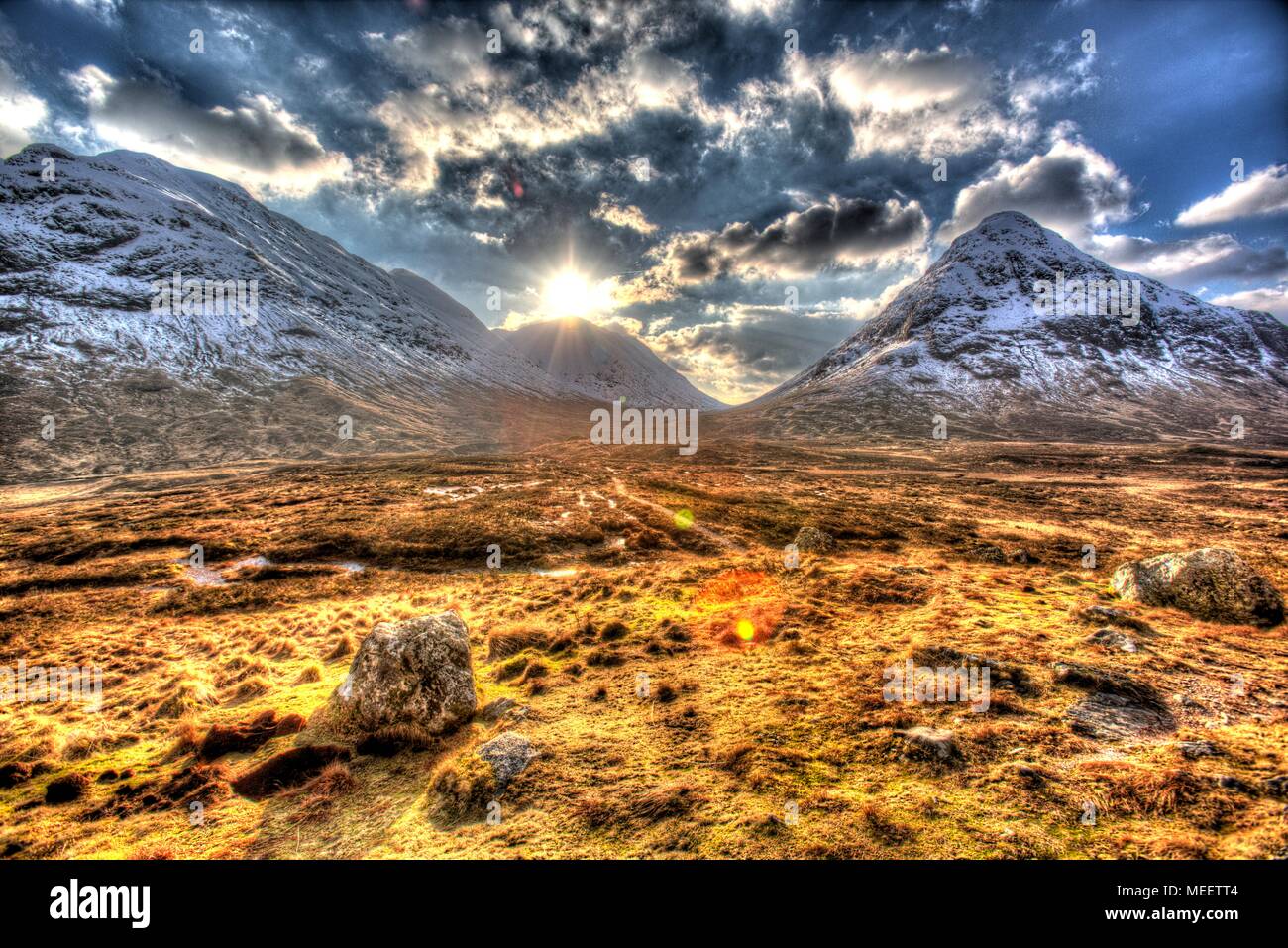 Area of Gen Coe, Scotland. Artistic winter view of Glencoe valley, with Stob nan Cabar on the right of the image and Coire Na Tulaich on the left. Stock Photo