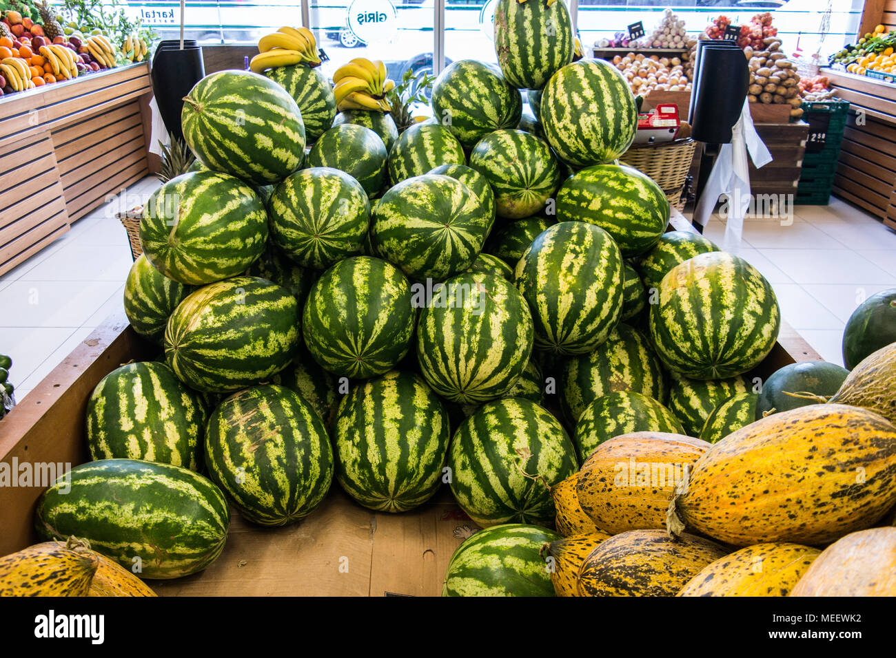 Watermelon In Store Watermelon and melon at the supermarket Stock Photo - Alamy
