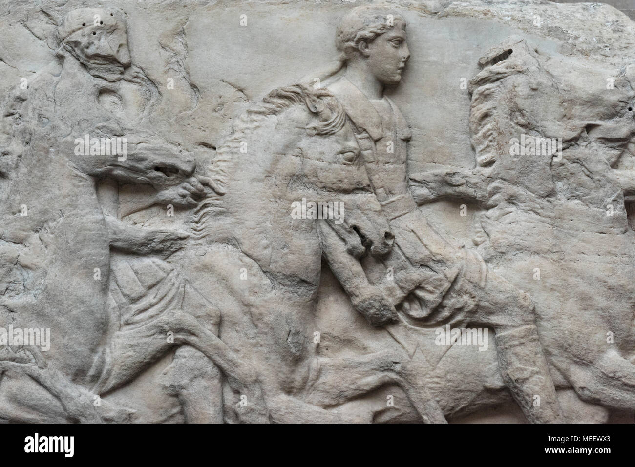 London. England. British Museum, Parthenon Frieze (Elgin Marbles), horsemen from the South Frieze, from the Parthenon on the Acropolis in Athens, ca.  Stock Photo
