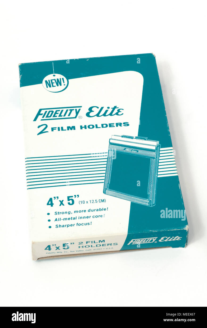 A box of new old stock Fidelity Elite 4x5' large format film holders. Stock Photo
