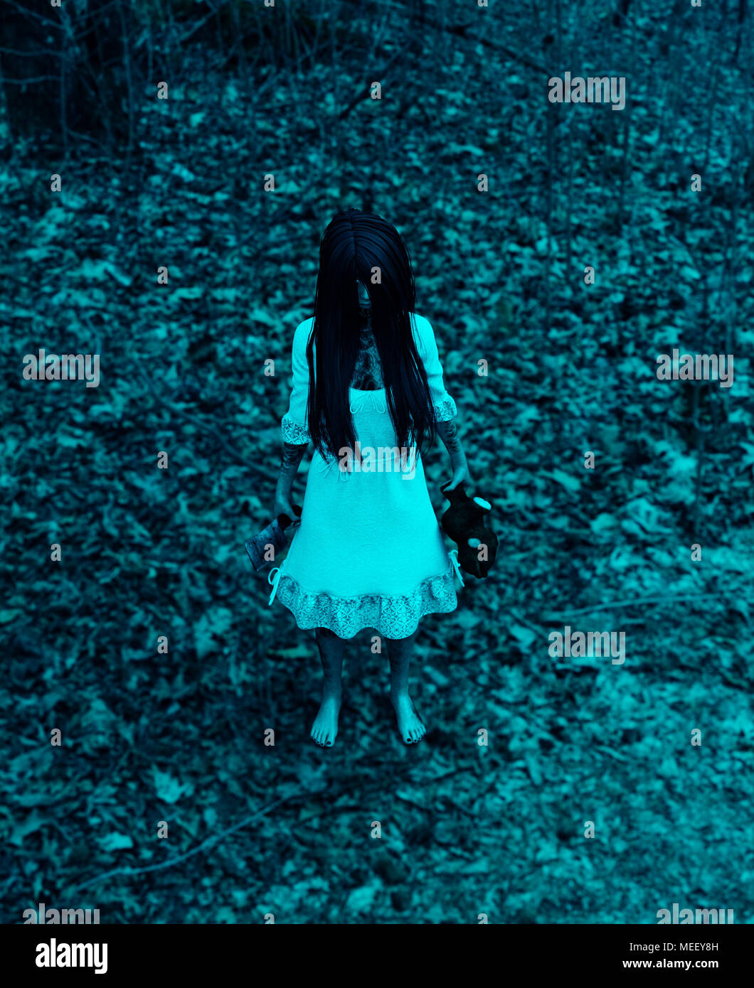 Forest of the darkness,3d illustration of  ghost girl in white dress with a cleaver and teddy bear in hands waiting to kill in the abandoned forest ,S Stock Photo