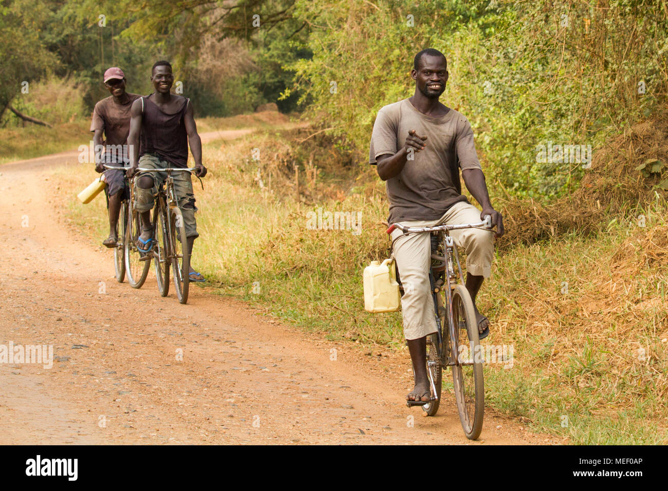 men riding bicycle to work, Uganda Stock Photo