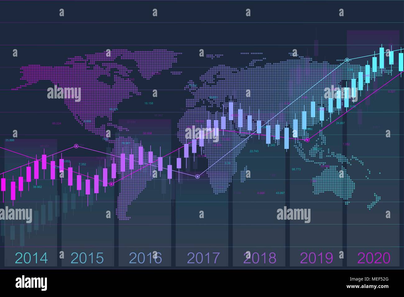 Business candle stick graph chart of stock market investment trading with world map. Stock market and exchange. Stock market data. Trend of graph. Vector illustration for your design Stock Vector