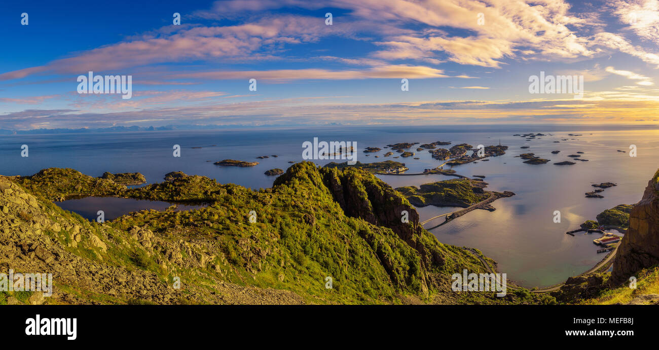 View from mount Festvagtinden above the village of Henningsvaer in Norway Stock Photo